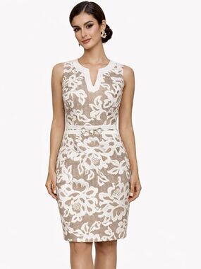 Enfocus Petite Floral Sheath Dress 6P White Beige Wedding Guest New Condition